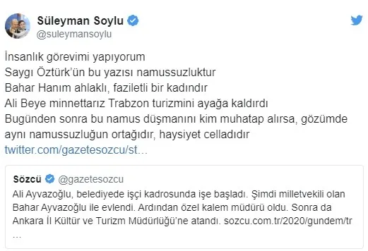 İçişleri Bakanı Süleyman Soylu’dan Sözcü yazarı Saygı Öztürk’e sert tepki