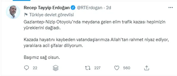 Son dakika: Başkan Erdoğan'dan Gaziantep'teki kazada hayatını kaybedenler için başsağlığı mesajı - 1