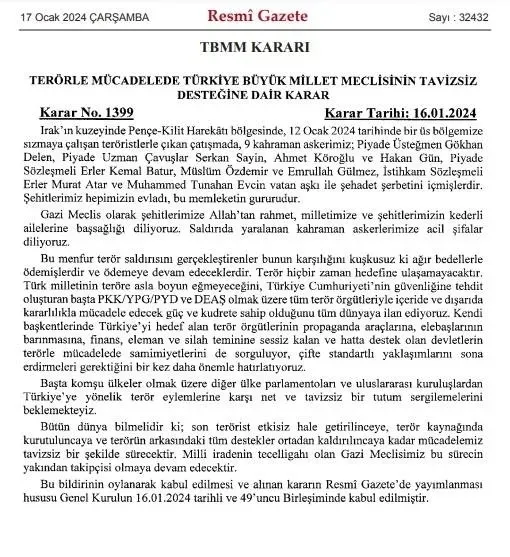 Terörle Mücadelede Türkiye Büyük Millet Meclisi’nin Tavizsiz Desteğine Dair Karar Resmi Gazete’de