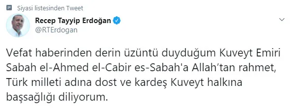 Son dakika: Başkan Erdoğan’dan Kuveyt Emiri es-Sabah için taziye mesajı
