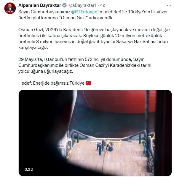 osman-gazi-platformu-29-mayista-yola-cikiyor-dogal-gaz-uretimini-2-katina-cikaracak-1748374617019.jpg Enerji ve Tabii Kaynaklar Bakanı Alparslan Bayraktar'ın paylaşımı (Kaynak: X)