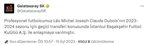 Galatasaray Leo Dubois’yı Başakşehir’e kiraladı