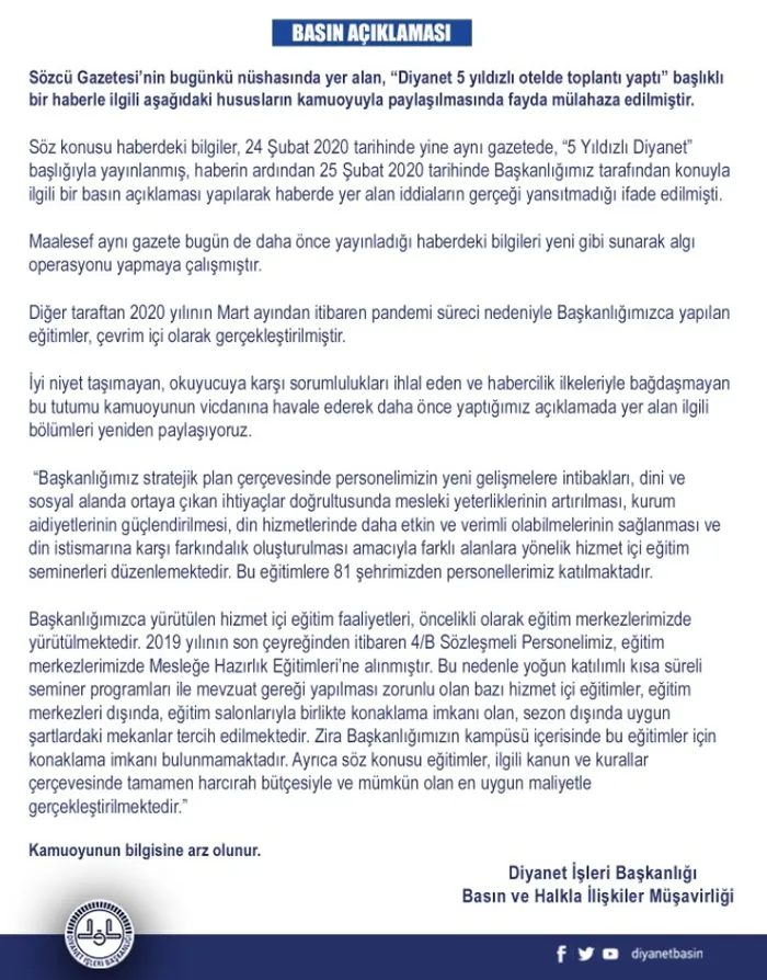 Son dakika: Diyanet İşleri Başkanlığı, Sözcü gazetesinin "Diyanet 5 Yıldızlı Otelde Toplantı Yaptı" haberini yalanladı - 2