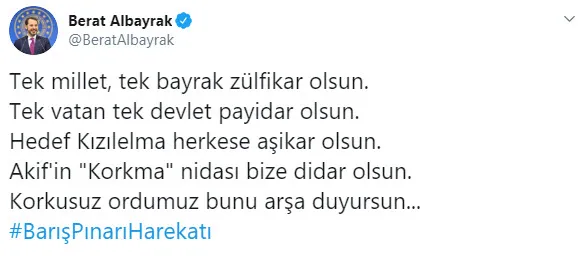 Bakan Berat Albayrak’tan Zeytin Dalı Harekatı şiiriyle Barış Pınarı Harekatı’na destek