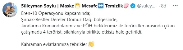 İçişleri Bakanı Süleyman Soylu’dan son dakika açıklaması! Eren-10 Operasyonu’nda PKK’ya darbe indirildi