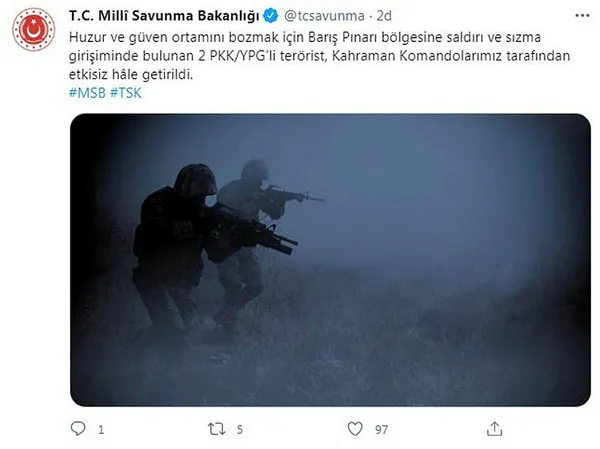 Son dakika | MSB duyurdu! Barış Pınarı bölgesinde 2 terörist etkisiz hale getirildi - 1