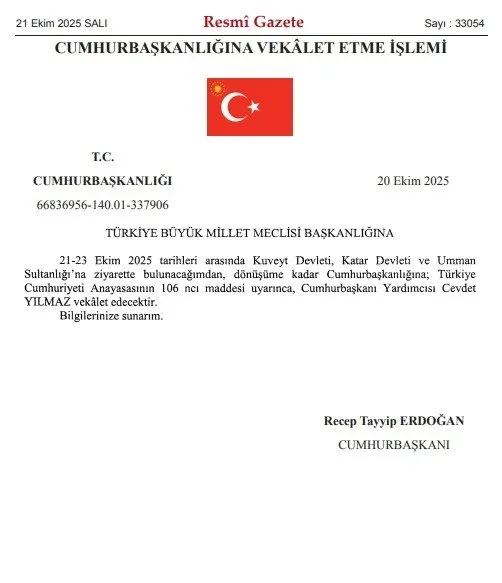 BAŞKAN ERDOĞAN’IN MAKAMINA YILMAZ VEKALET EDECEK