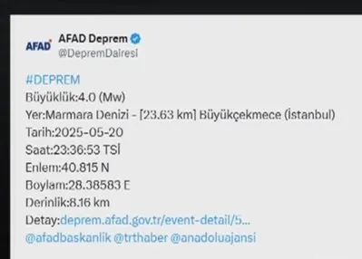 İstanbul’da 4 büyüklüğünde deprem