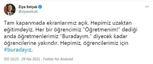 Milli Eğitim Bakanı Ziya Selçuk'tan "biz buradayız" paylaşımı - 1