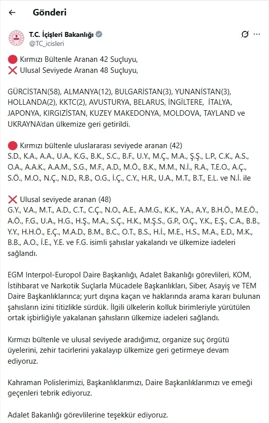 İçişleri Bakanlığı duyurdu: Kırmızı bültenle ve ulusal seviyede aranan 90 suçlu Türkiye'ye getirildi - 3