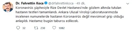 Son dakika: Sağlık Bakanı Fahrettin Koca: Gözlem altındaki hasta koronavirüs değil