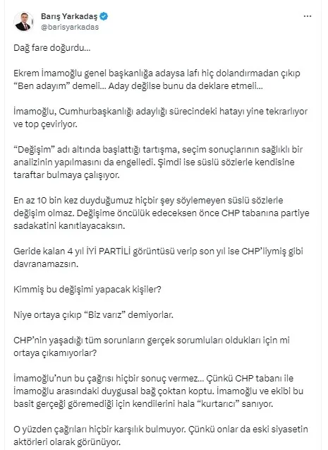 İmamoğlu’nun manifestosu sonrası CHP yangın yeri! CHP’li Barış Yarkadaş: Dağ fare doğurdu | Bomba İYİ Parti göndermesi...