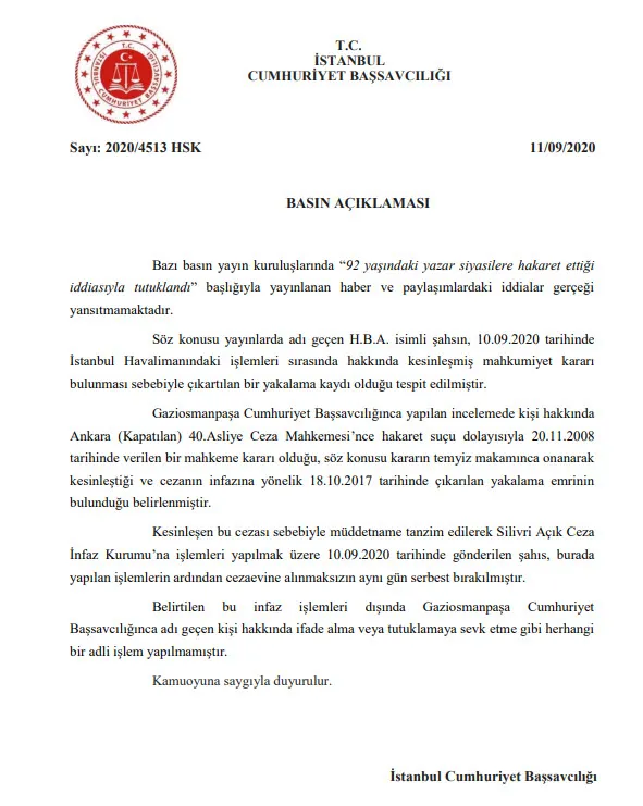 Cumhuriyet'in "92 yaşındaki yazar siyasilere hakaret ettiği iddiasıyla tutuklandı" haberine başsavcılıktan yalanlama - 3