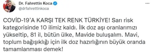 Sağlık Bakanı Fahrettin Koca'dan salgının seyrine ilişkin güzel haber: Sarı risk kategorisinde sadece 10 il kaldı - 1