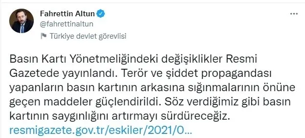 Basın Kartı Yönetmeliği yenilendi! İletişim Başkanı Altun: Gazetecilik adı altında ‘terörizm propagandası’ yapanlarla mücadele edeceğiz