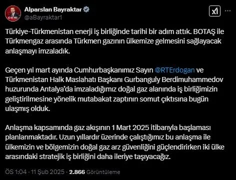 turkiyeden-yeni-enerji-hamlesi-turkmengaz-ile-anlasma-tamam-1739269017063.jpeg Enerji ve Tabii Kaynaklar Bakanı Alparslan Bayraktar'ın Türkmengaz ile ilgili paylaşımı (X)