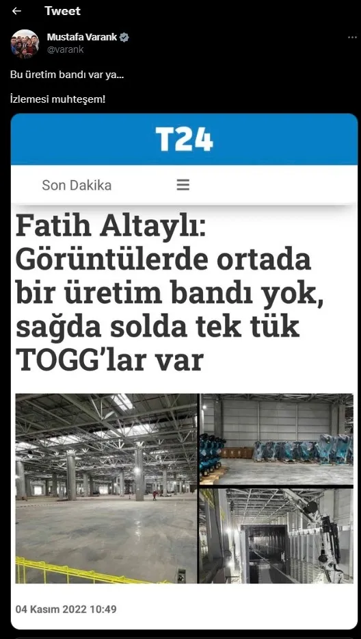 toggun-uretim-tesisini-hedef-alan-fatih-altayliya-bakan-mustafa-varanktan-gonderme-bu-uretim-bandi-var-ya-1679085825596.jpg Togg'un üretim tesisini hedef alan Fatih Altaylı'ya Bakan Mustafa Varank'tan gönderme: "Bu üretim bandı var ya..." - 2