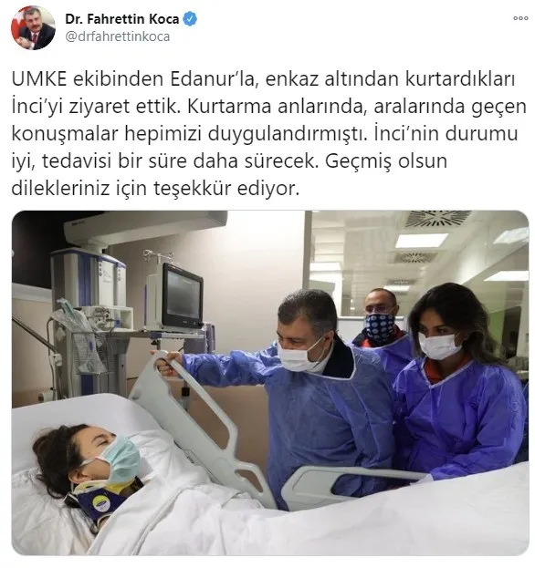 Sağlık Bakanı Fahrettin Koca İzmir depreminde enkazdan kurtarılan İnci’yi ziyaret etti