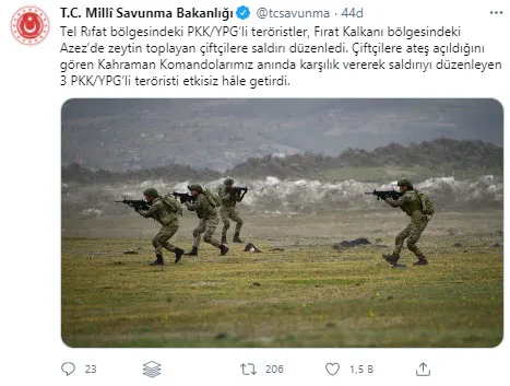 Son dakika: MSB duyurdu: Azez’de çiftçilere saldıran 3 PKK/YPG’li etkisiz hale getirildi