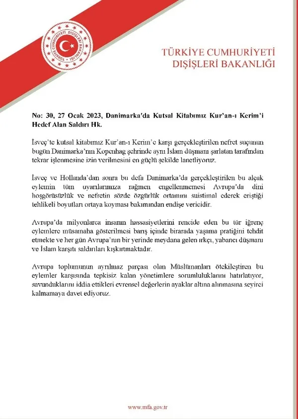 Dışişleri Bakanlığı’ndan Danimarka’da Kur’an-ı Kerim’e alçak saldırıya sert tepki: En güçlü şekilde lanetliyoruz!