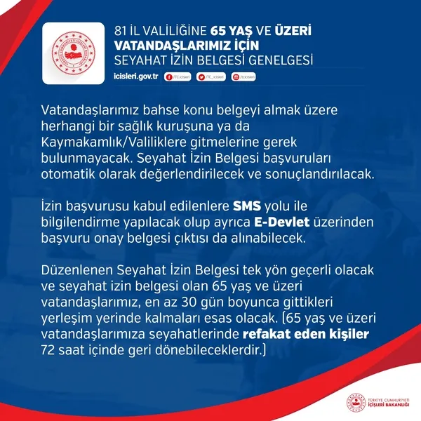 Son dakika: İçişleri Bakanlığı: 65 yaş ve üzerine seyahat belgesi başvurusu için...