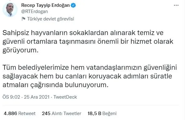 baskan-recep-tayyip-erdogandan-belediyelere-sahipsiz-hayvan-cagrisi-adimlari-suratle-atin-1640463968037.jpeg Başkan Erdoğan, belediyelere 'sahipsiz hayvan' çağrısını yineledi: Adımları süratle atın - 3