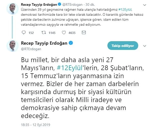 Başkan Erdoğan'dan 12 Eylül mesajı - 1