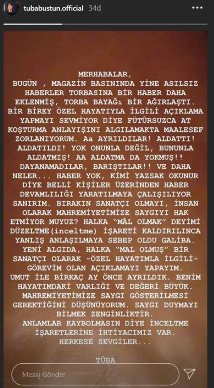 Umut Evirgen’den ayrılan Tuba Büyüküstün’den sitem dolu açıklama!