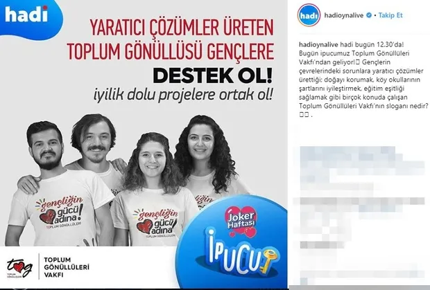 Hadi ipucu 4 Nisan: Toplum Gönüllüleri Vakfı sloganı nedir? TOG nedir? 12.30 hadi - 1