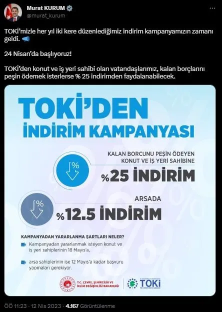 tokiden-yuzde-25-indirim-kampanyasi-tarih-belli-oldu-bakan-murat-kurum-detaylari-paylasti-1681288273391.jpeg TOKİ'den yüzde 25 indirim kampanyası! Tarih belli oldu! Bakan Murat Kurum detayları paylaştı - 4