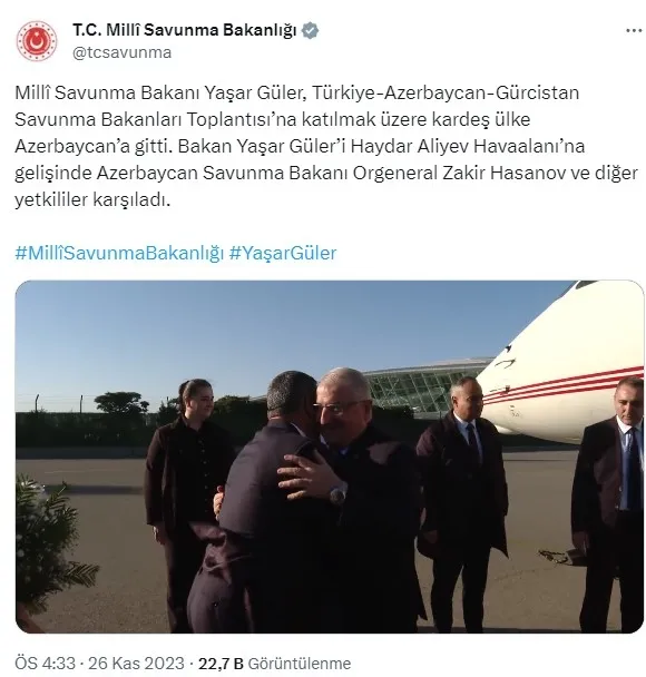 Milli Savunma Bakanı Yaşar Güler’den Azerbaycan’a önemli ziyaret