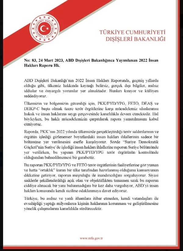 Türk Dışişleri Bakanlığından ABD’ye ’İnsan Hakları Raporu’ tepkisi: Gerçek dışı ve asılsız!