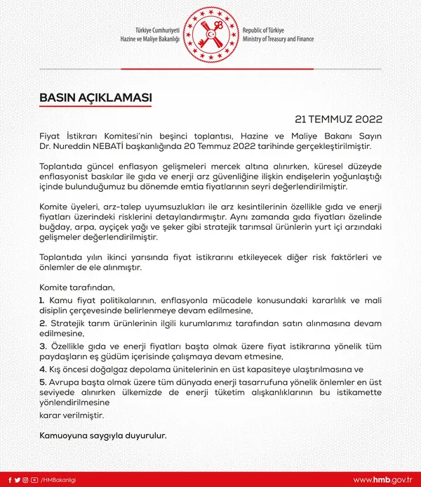 5 bakanlık bir araya geldi! Kritik toplantı sonrası Hazine ve Maliye Bakanı Nurettin Nebati açıkladı: Fiyat istikrarı için beş önlem