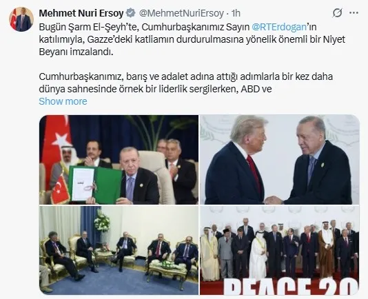 kabine-uyelerinden-sarm-el-seyh-baris-zirvesine-iliskin-paylasim-baskan-erdogan-her-daim-zulmun-karsisinda-yer-1760390699875.jpeg Kültür ve Turizm Bakanı Mehmet Nuri Ersoy, sosyal medya hesabı üzerinden yazılı bir açıklama yaptı (Ekran görüntüsü)