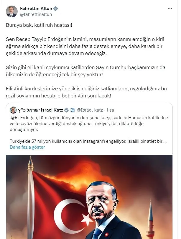 Türkiye ayağa kalktı! Başkan Erdoğan’ı hedef alan Siyonist Bakan Katz’e peş peşe tepkiler: Nazilerin ve katillerin sesi