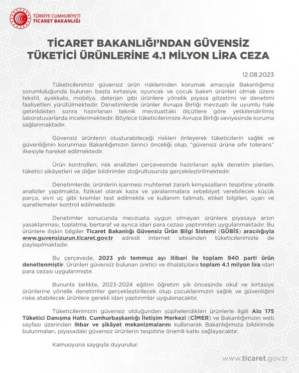 1691821927386.jpg Ticaret Bakanlığı güvensiz tüketici ürünlerine 4.1 milyon TL’lik ceza kesti - 5