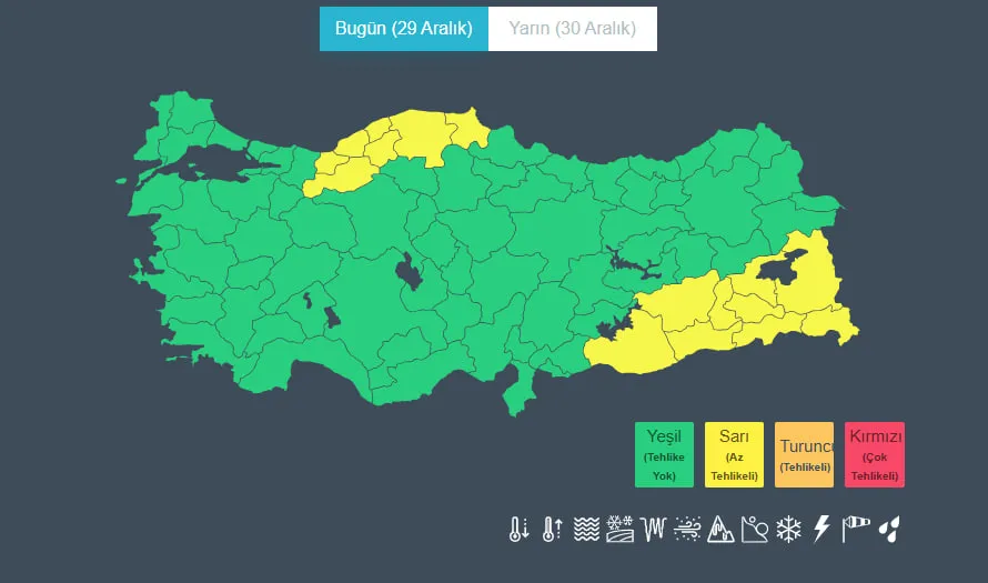 16 İL İÇİN SARI KODLU UYARI