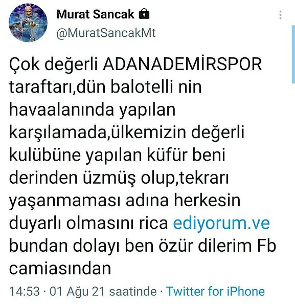 Son dakika: Adana Demirspor Başkanı Murat Sancak Fenerbahçe’den özür diledi
