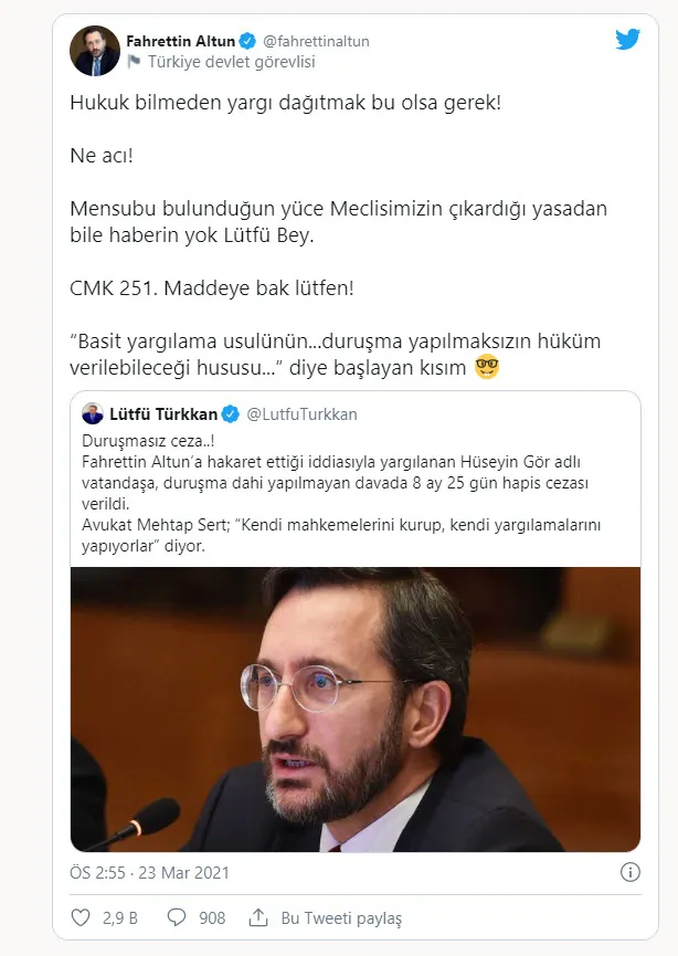 İletişim Başkanı Fahrettin Altun’dan İYİ Parti Grup Başkanvekili Lütfü Türkkan’a hukuk dersi