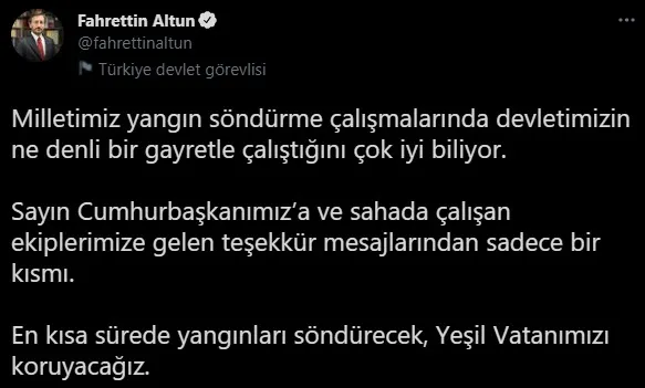 İletişim Başkanı Fahrettin Altun CİMER'e atılan yangınla mücadeleye destek mesajlarını yayınladı - 1