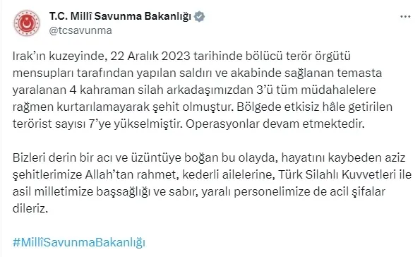 MSB acı haberi duyurdu: 6 kahraman asker şehit oldu, 1 kahraman asker yaralı
