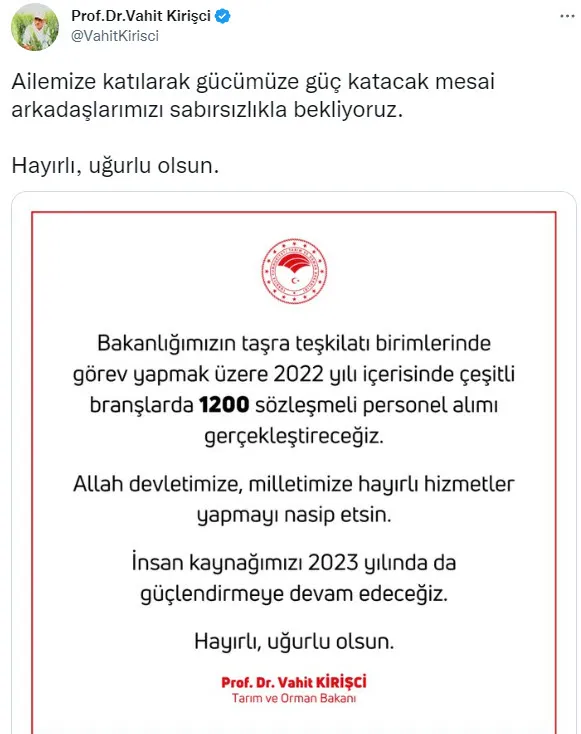 1671021509650.jpg Tarım ve Orman Bakanı Vahit Kirişci'den sözleşmeli personel alımı müjdesi! Bin 200 istihdam sağlanacak - 2