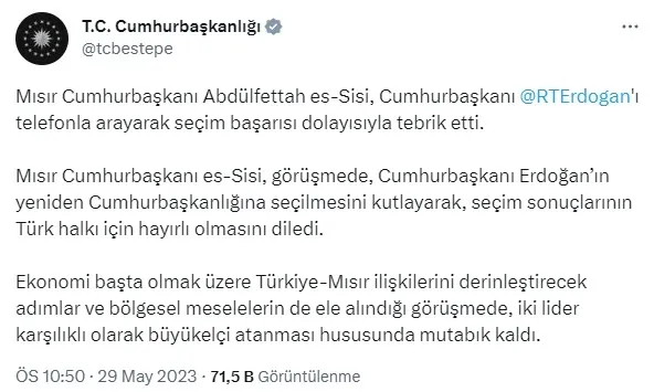 misir-cumhurbaskani-sisiden-baskan-erdogana-tebrik-turkiye-ile-misir-arasinda-buyukelci-atanacak-1685391559803.jpg Mısır Cumhurbaşkanı Sisi'den Başkan Erdoğan'a tebrik! Türkiye ile Mısır arasında büyükelçi atanacak - 3