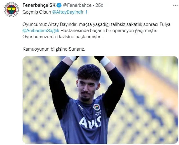 Fenerbahçe’nin kalecisi Altay Bayındır ameliyat oldu