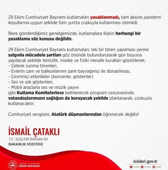 İçişleri Bakanlığı Sözcüsü İsmail Çataklı’dan 29 Ekim açıklaması