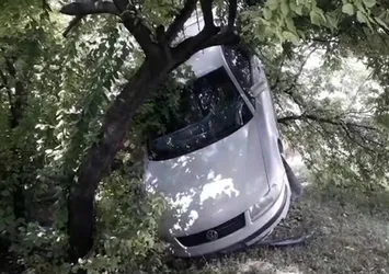 Bahçeye uçan otomobil ağaçta asılı kaldı