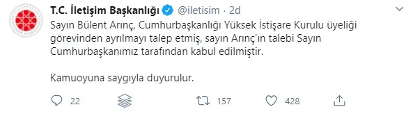 Son dakika: Bülent Arınç Cumhurbaşkanlığı YİK üyeliğinden istifa etti! İletişim Başkanlığından ilk açıklama