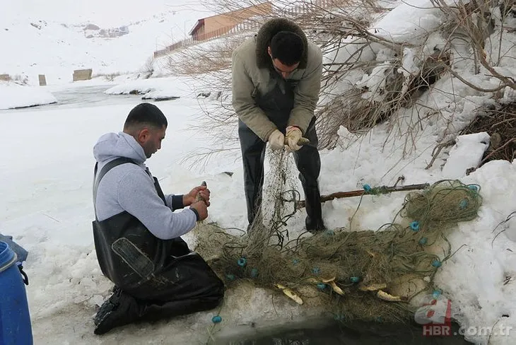 Türkiye’de buz tutan Nehil Çayı’nda Eskimo usulu balık avı yaptılar