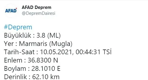 Son dakika: Muğla’nın Marmaris ilçesinde deprem (2021 SON DEPREMELER) - 1