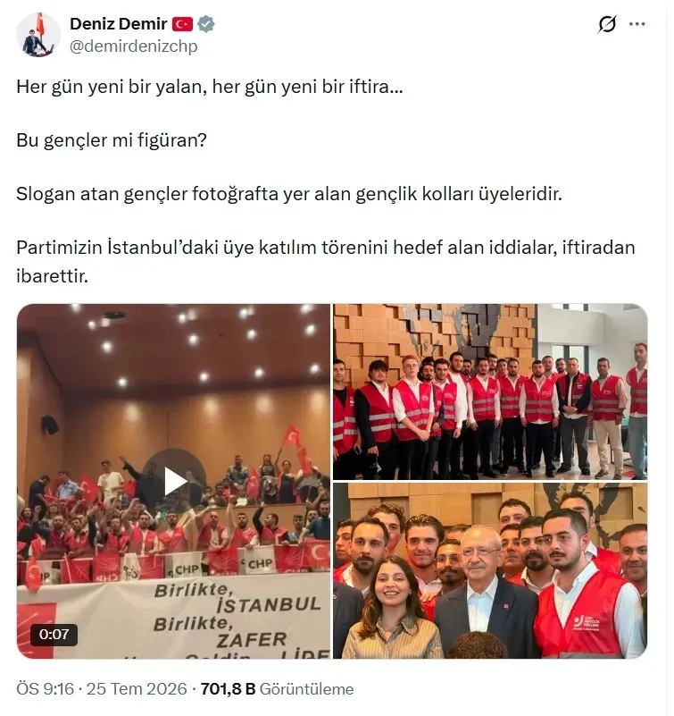 1785074136934.jpeg CHP Genel Başkan Yardımcısı Deniz Demir, görüntülerde yer alan gençlerin cast ajansı çalışanı değil CHP Gençlik Kolları üyeleri olduğunu savundu. (X)